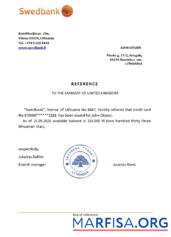 Realistic Lithuania Swedbank reference example